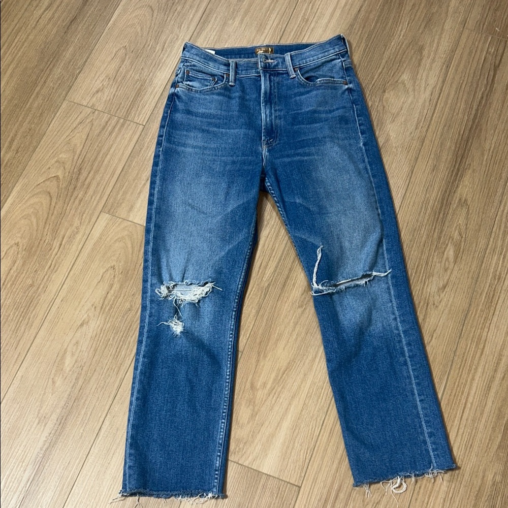 MOTHER Straight-Leg Distressed Jeans - Blue